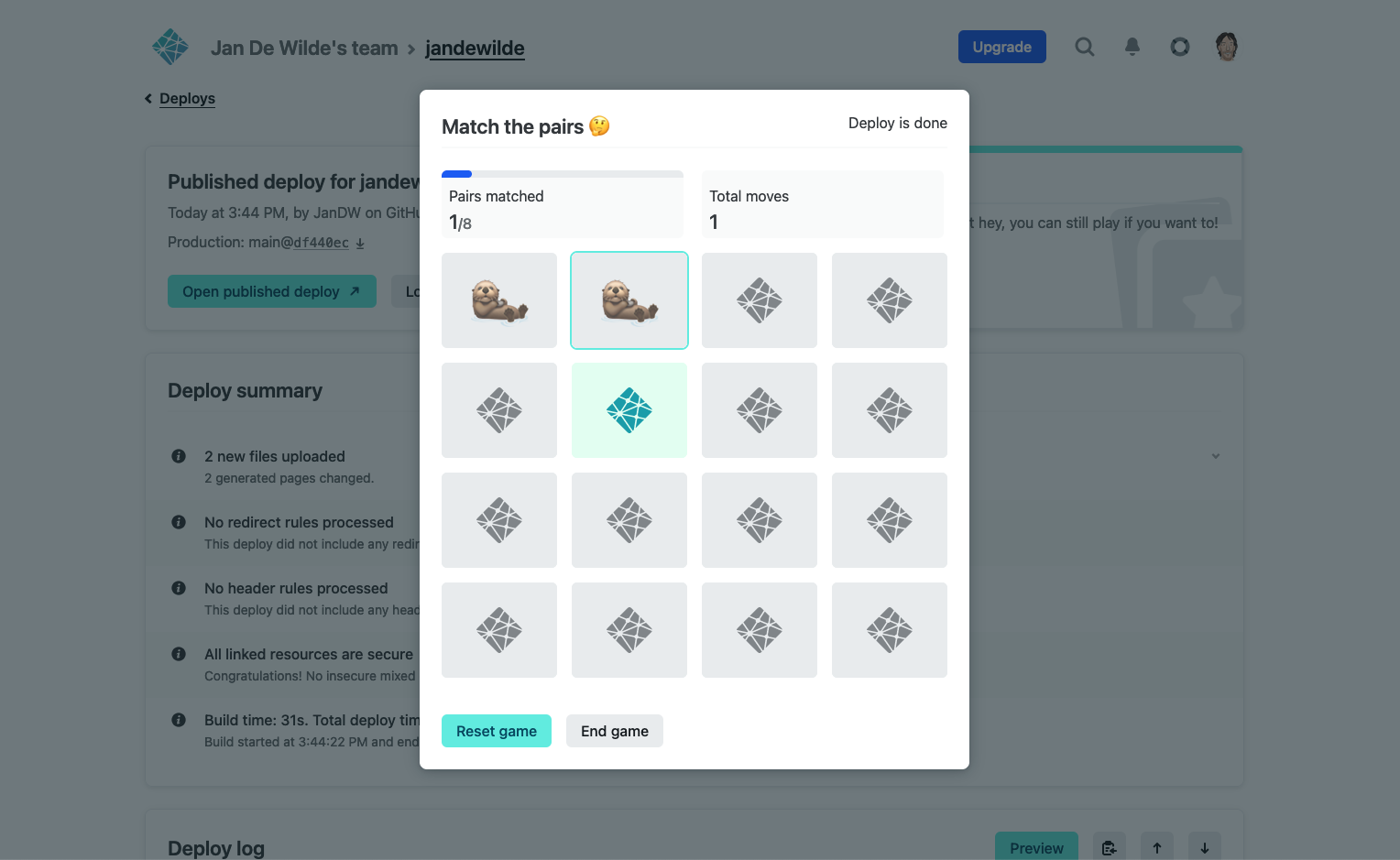 Screenshot of concentration game in modal overlay with website build in background on Netlify.