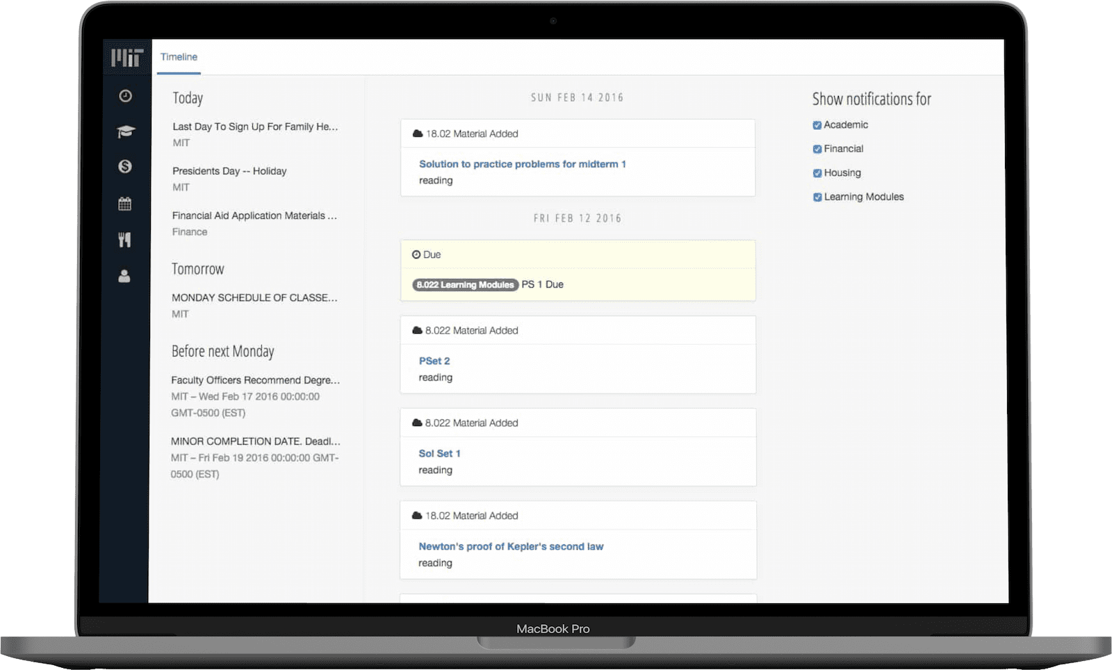 Screenshot of an early version of the student dashboard timeline.