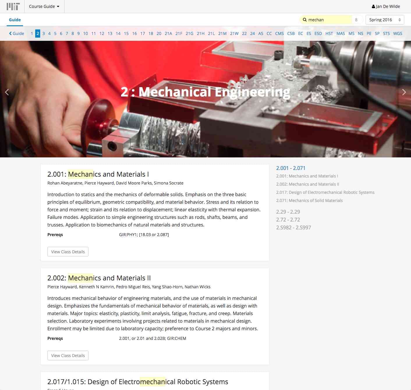 LMOD subject list in the course guide