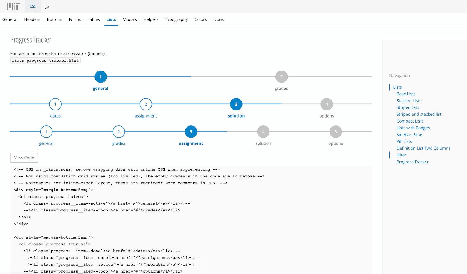 Screenshot of a CSS counter based progress tracker component in MIT LMOD Styleguide v2.