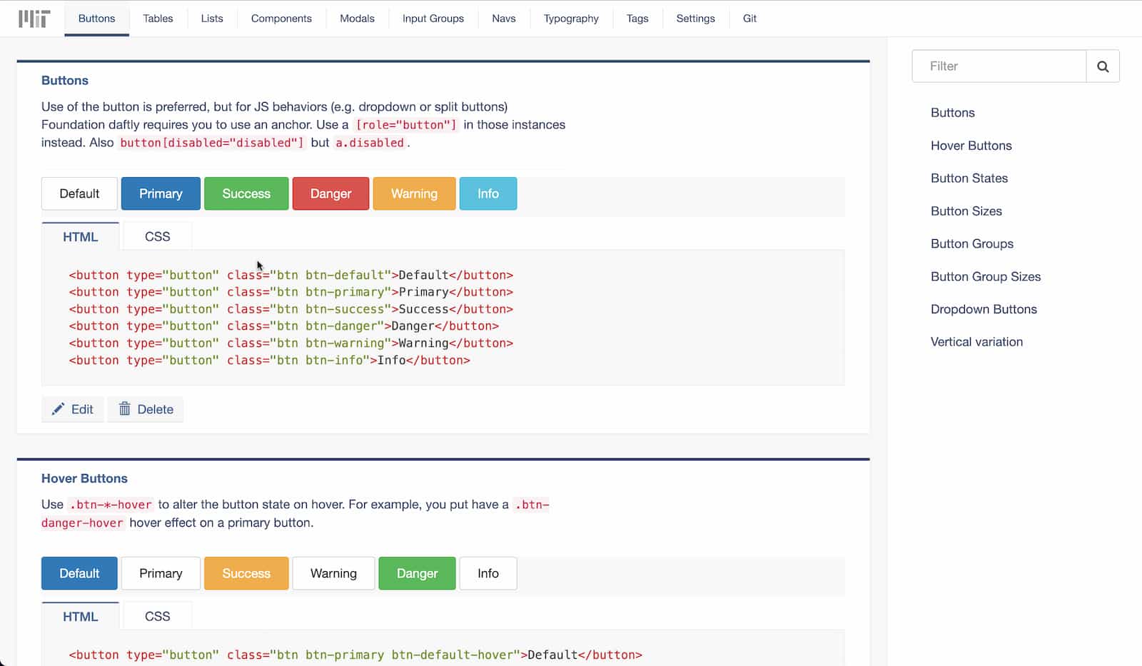 Screenshot of button components in MIT LMOD styleguide v3.